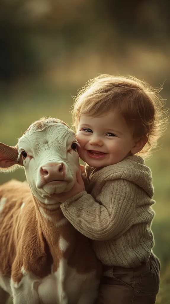 A young child with blonde hair and a sweet smile is hugging a brown and white calf. The calf is looking at the camera with a curious expression. The child is wearing a knitted sweater and brown pants. The background is a blurred green field. The image captures a sweet moment of connection between a child and an animal.
