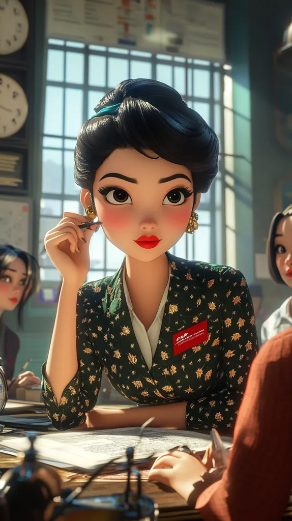 The image shows a young woman with dark hair and big eyes, dressed in a green patterned blazer and a white shirt. She is sitting at a desk, looking at something off-screen. She has a pen in her hand and a name tag on her blazer. In the background, there is a young woman with blonde hair and another young woman with dark hair, partially visible. The image is set in a classroom with a large window and clocks on the wall. The overall mood is one of curiosity and excitement.