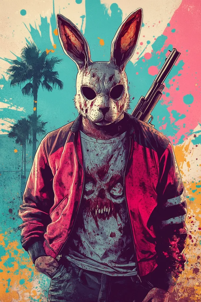 A person in a red jacket and a white rabbit mask is holding a gun. He is wearing a white T-shirt with a bloody skull and teeth design. The background is a colorful abstract design with a palm tree. The image has a dark and eerie feel.