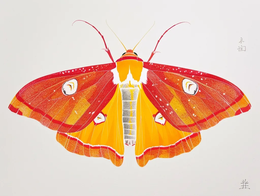 A detailed illustration of a moth with bright orange and red wings. The wings are patterned with small white dots and have a distinct, scalloped edge. The moth is depicted on a white background, giving the colors a vibrant pop. The image includes two Japanese characters in the top right and bottom right corner.  The moth is symmetrical with the wings spread wide open. The moth appears to be at rest. The artist has used precise lines and shading to create a lifelike image.