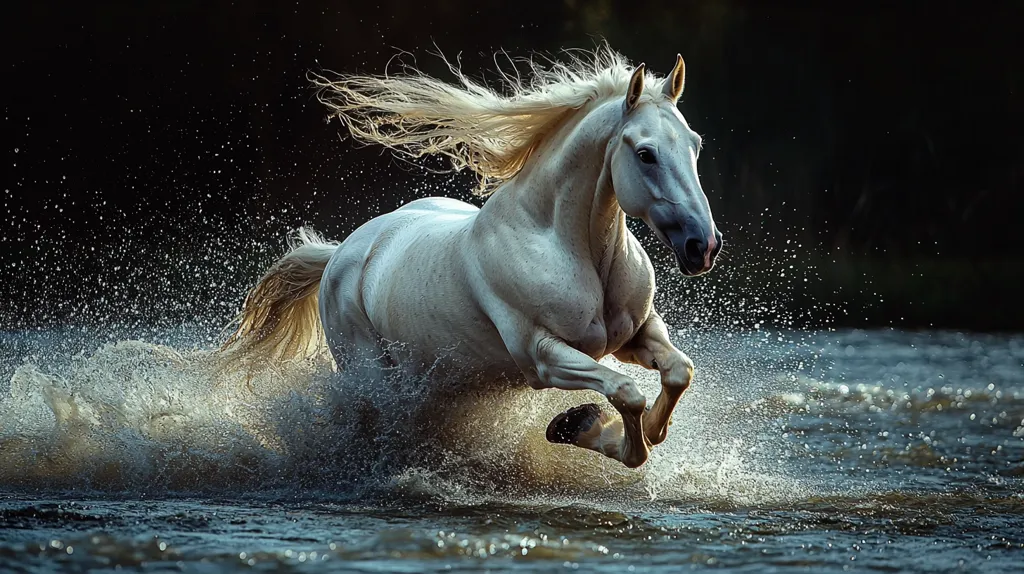 A white horse with a flowing mane runs through a shallow river. The horse is in mid-stride, kicking up water as it gallops forward. The background is dark and blurry, focusing the attention on the horse and the water. Sunlight reflects off the water, creating a sparkling effect.
