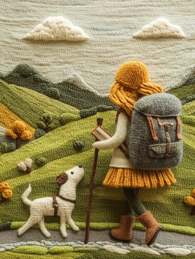 A woman with a backpack and a white dog walk along a path through a green and brown landscape. The scene is depicted in a textured, yarn-like style, with clouds, mountains, and hills rendered in different shades of wool. The woman carries a stick and a book in her hand, suggesting a journey of exploration. The overall composition evokes a sense of warmth, comfort, and the joy of discovering the beauty of nature.