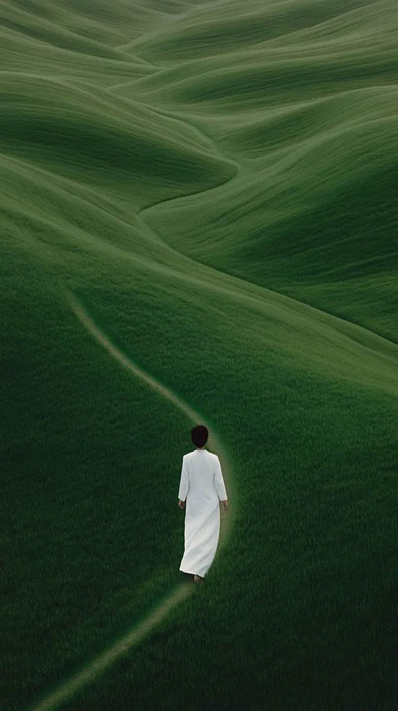 A solitary figure in a white robe walks along a winding path through rolling green hills. The person's back is to the viewer, creating a sense of mystery and contemplation. The vastness of the landscape and the figure's smallness emphasize the feeling of isolation and the journey ahead. The vibrant green hues create a tranquil and serene atmosphere.  The scene suggests a sense of exploration and the pursuit of something beyond the horizon.