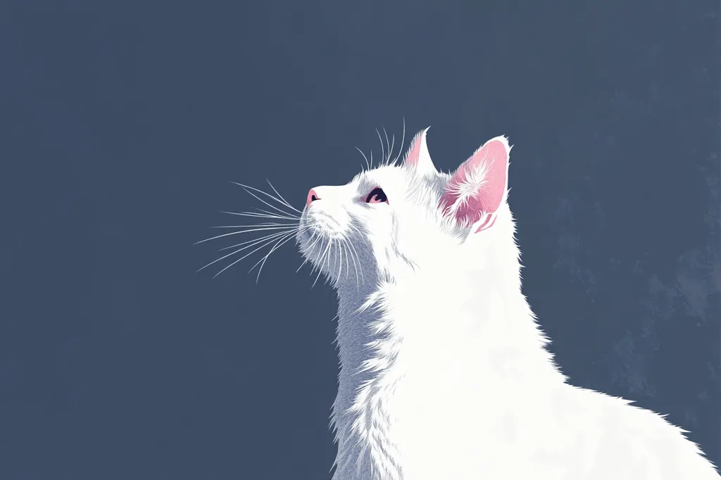 A white cat with pink ears sits in profile against a dark blue background, looking up and to the right. The cat has a long, whiskered face and a soft, fluffy coat. The image is simple and elegant, capturing the cat's graceful beauty. The blue background creates a sense of depth and allows the cat to stand out.