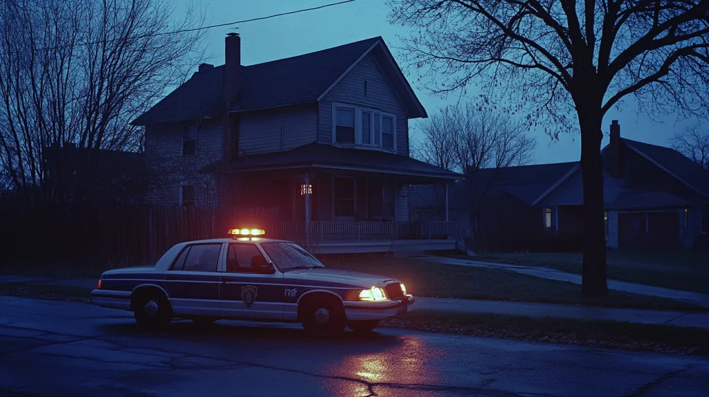 A police car with its lights flashing is parked in front of a house on a quiet street. The house is two stories and has a porch. There is a tree in the foreground on the right side of the frame. The sky is dark and the street is wet from rain. The scene is lit by the police car's lights.
