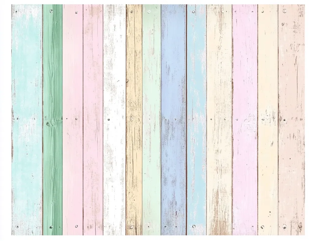 The image shows a wooden wall painted in pastel colors. The colors are arranged in a rainbow order, starting with blue and ending with peach. The wood is weathered and distressed, giving it a rustic charm.  The image is perfect for a background or backdrop.