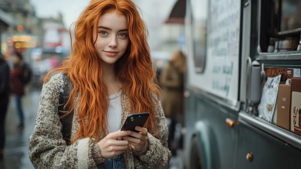 A young woman with long, flowing red hair stands in front of a food truck, looking directly at the camera with a slight smile. She is wearing a white shirt and a brown cardigan, and she is holding a black smartphone in her hands. The background is blurred, but you can see other people walking by and a bus stop in the distance. The woman's expression is confident and friendly, and she seems to be enjoying her surroundings.