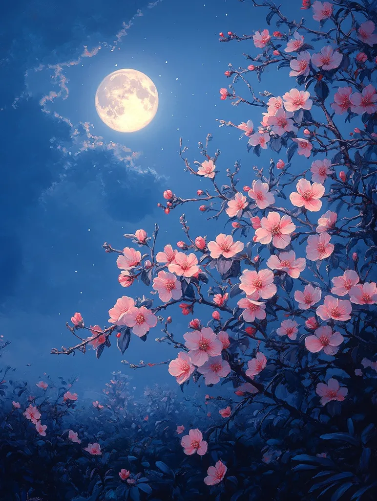 A full moon hangs in a deep blue sky, casting a soft glow on a field of delicate pink blossoms. The flowers bloom on a tree branch, their petals unfurling against the night sky. Wispy clouds drift through the air, adding to the serene beauty of the scene.  The overall impression is one of tranquility and peaceful beauty.