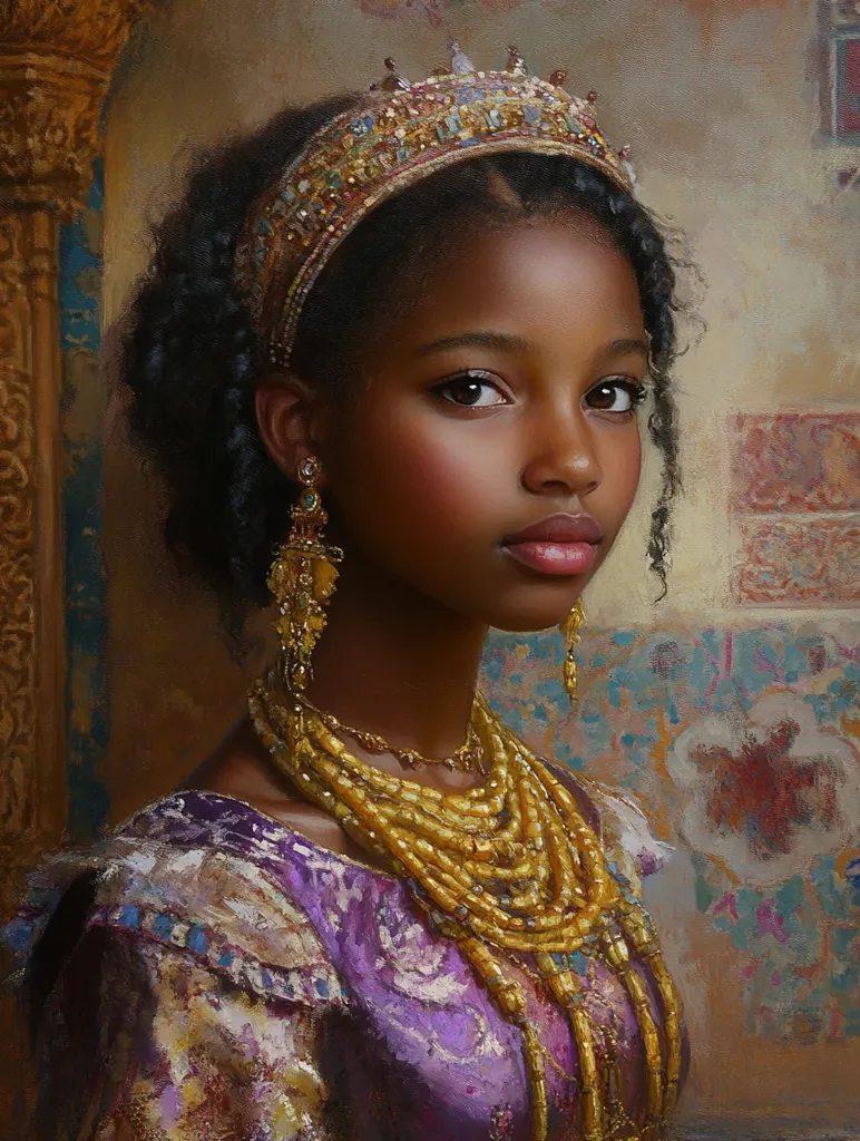 A young Black woman with dark curly hair is adorned with a golden crown,  earrings and necklaces. She is wearing a purple and gold embroidered dress,  and her gaze is directed at the viewer.  The painting's background features intricate floral patterns and a glimpse of a gold-colored wall.
