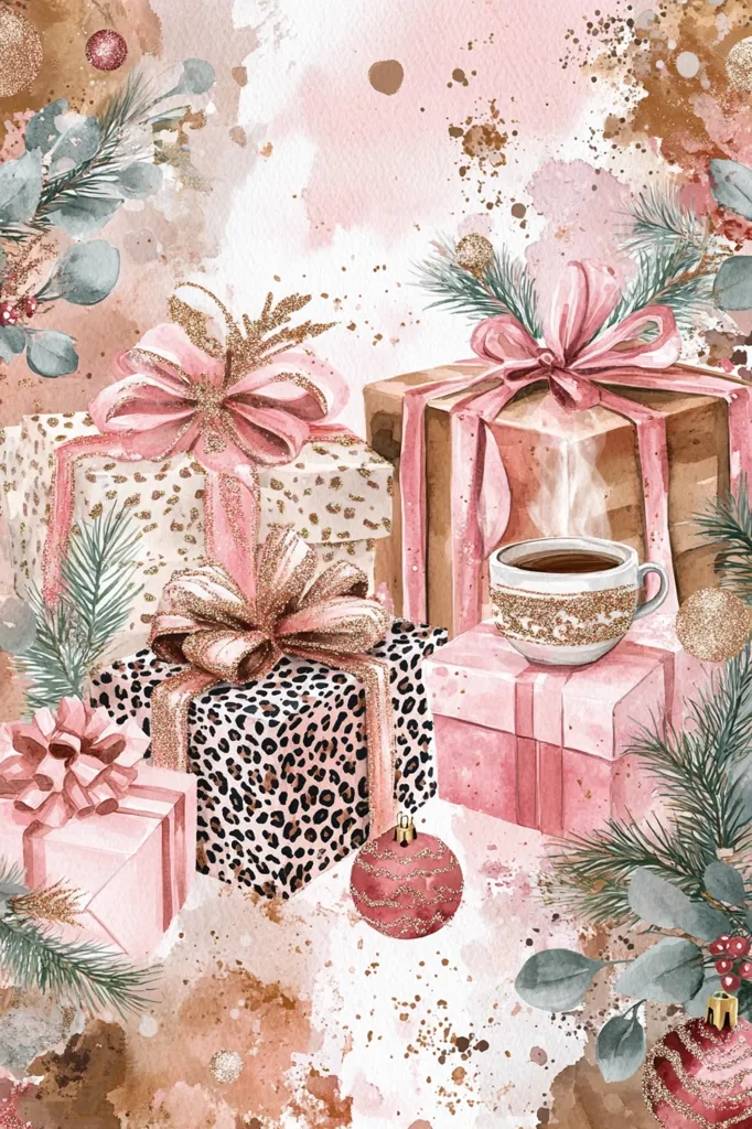The image features a watercolor painting of Christmas presents and decorations.  There are four gift boxes with pink and gold bows, one of which is wrapped in leopard print paper.  There is a steaming cup of coffee and a sprig of greenery with a red berry at the bottom. The background is a soft pink with gold splatters.