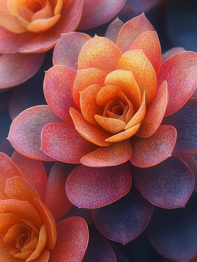 A close-up image of a succulent plant, showing its delicate, layered petals. The petals are a mix of orange, red, and purple hues, creating a beautiful and intricate pattern. The texture of the petals is soft and velvety, with a subtle sheen. The image captures the beauty and complexity of nature in a simple yet striking way.