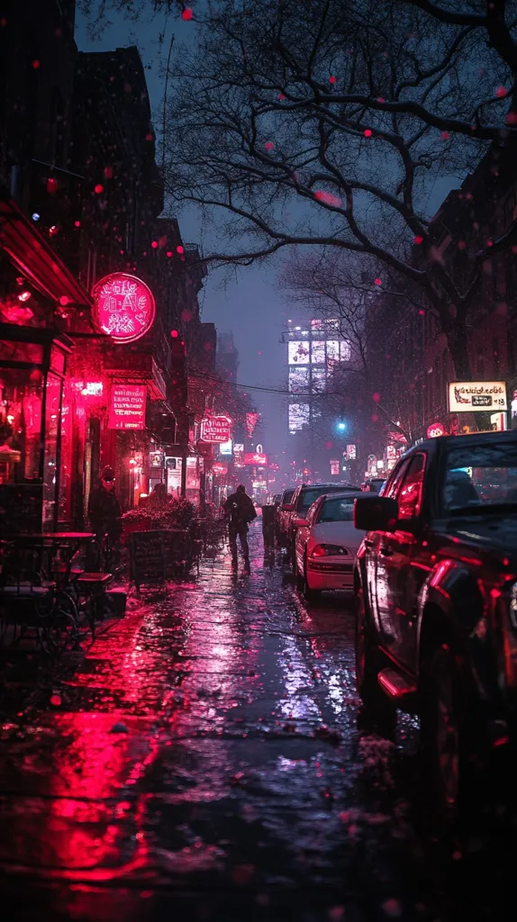 A wet city street is illuminated by pink neon signs, casting reflections on the pavement.  A lone figure walks down the street under a dark, bare tree.  Cars are parked along the side of the road, with one in focus.  The background is a blur of buildings and lights.  The image is a moody and atmospheric depiction of a city night scene.