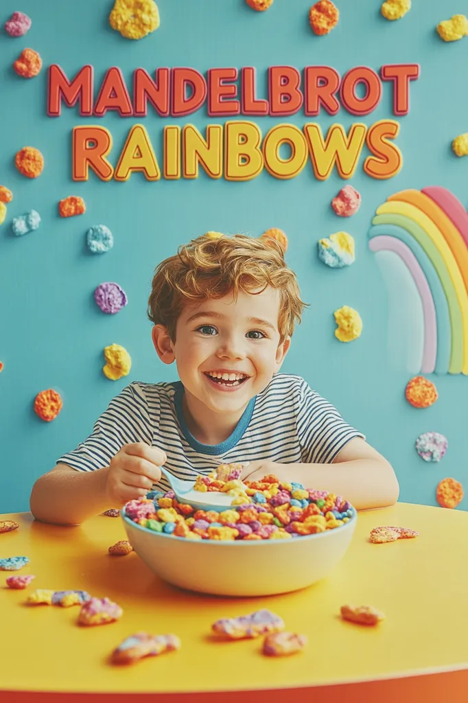 A young boy with curly blonde hair sits at a yellow table, eating colorful cereal. The background is a bright blue wall with colorful 3D shapes, including the words "Mandelbrot Rainbows" in bold, red and yellow letters. The boy smiles as he eats, looking directly at the camera. The playful and colorful scene evokes a sense of childlike joy and happiness.