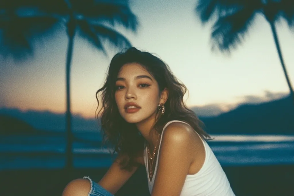 A young woman with long, dark hair is sitting on a beach, her back to the ocean. She's wearing a white tank top and denim shorts. The sun is setting in the background, casting a warm glow on her face. Her eyes are focused on something off-camera, and she has a slight smile on her lips. The image is shot in a film style, with a soft focus and warm colors.