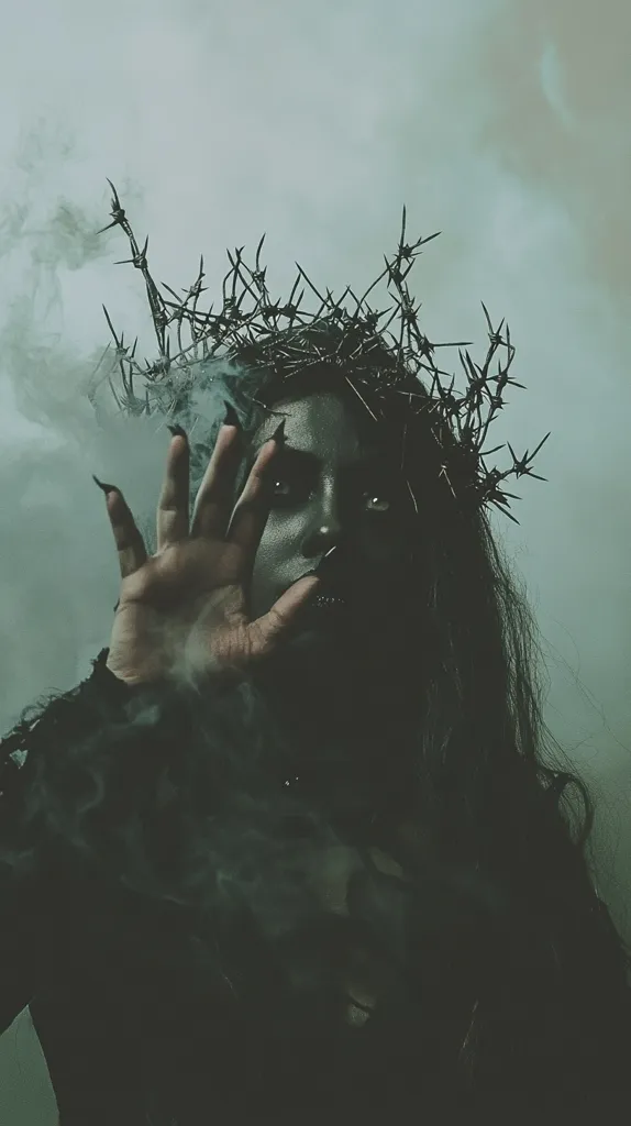 A person with long dark hair wears a crown of thorns and has a dark, smoky makeup look. Their hand is raised in front of their face, obscuring their features. The background is hazy and dark. The image evokes a sense of mystery and darkness.