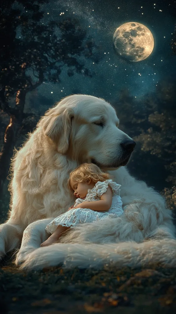 A large white dog with a fluffy coat cradles a little girl in its arms. The girl is asleep, her head resting on the dog's chest. They are in a forest setting under a night sky full of stars and a large, bright moon. The scene evokes a sense of peace and tranquility.
