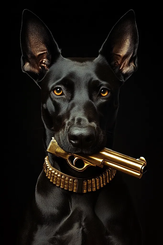 A black dog with large, floppy ears is shown in a close-up portrait against a black background. The dog is wearing a gold chain collar with bullet-shaped links. The dog has a gold handgun in its mouth, which is positioned horizontally across the image. The dog's amber eyes are focused on the camera, and its expression is serious. The image is stylized and almost menacing in its appearance, suggesting the dog is dangerous.
