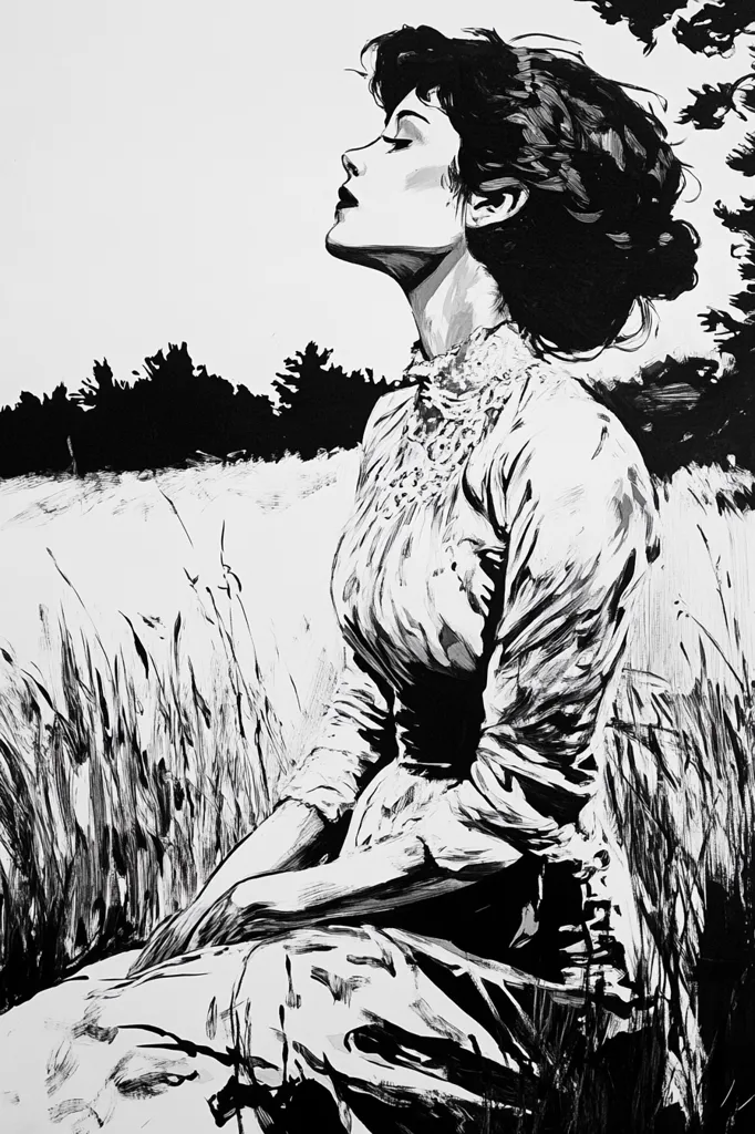 A woman with dark hair and a white dress sits in a field of tall grass. She is looking up, and her face is serene and peaceful. The image is rendered in black and white, creating a striking contrast between the light and dark areas. The woman's pose is relaxed and contemplative, suggesting a moment of quiet reflection. The overall tone of the image is one of tranquility and beauty.
