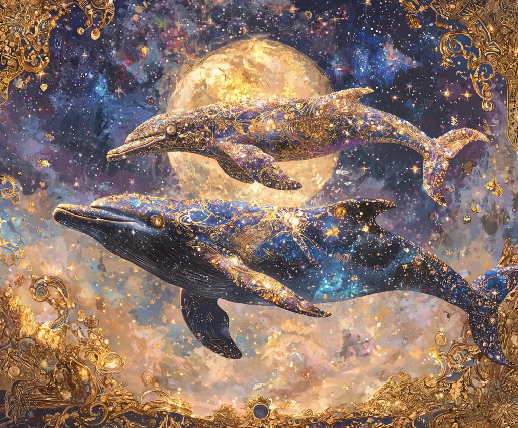 The image depicts two dolphins swimming through a starry night sky. The dolphins are adorned with intricate, golden patterns, creating a sense of magic and wonder. A large, golden moon hangs in the background, illuminating the scene with its ethereal glow. The vibrant colors and fantastical imagery evoke a sense of dreamlike beauty.