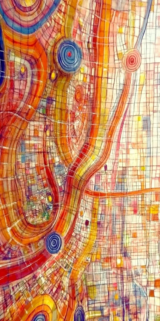 The image is an abstract painting with a grid-like pattern superimposed on a swirling, layered design. The dominant colors are orange, yellow, red, and blue, creating a vibrant and energetic composition. The painting evokes a sense of movement and depth, as if the grid is warping and distorting the underlying layers. The overall effect is both captivating and disorienting.