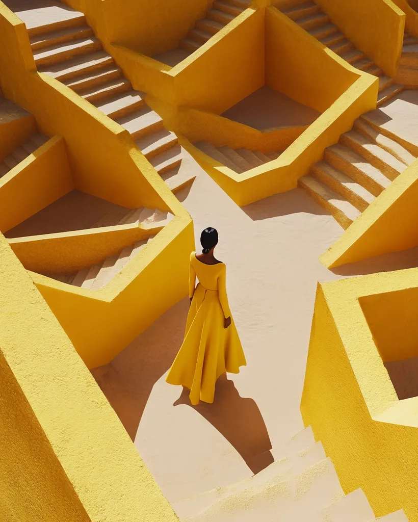 A woman in a yellow dress walks through a maze of yellow concrete walls with stairs. The bright yellow creates a striking contrast against the white sand floor. The geometric shapes of the walls and stairs form a complex pattern, making the scene feel both abstract and intriguing. The woman's solitary figure adds a sense of mystery to the scene.