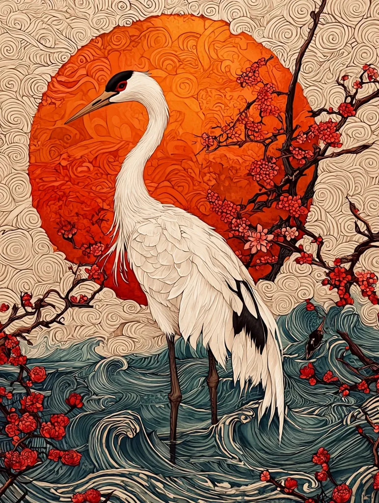 A white crane stands in a swirling sea with a large, orange sun behind it. The crane has a long neck and black and white feathers. The sun is surrounded by a blooming branch with red flowers. The water is blue and white and resembles waves.  The background is a mixture of creamy white and swirling clouds.  The image is stylized and resembles Japanese artwork.