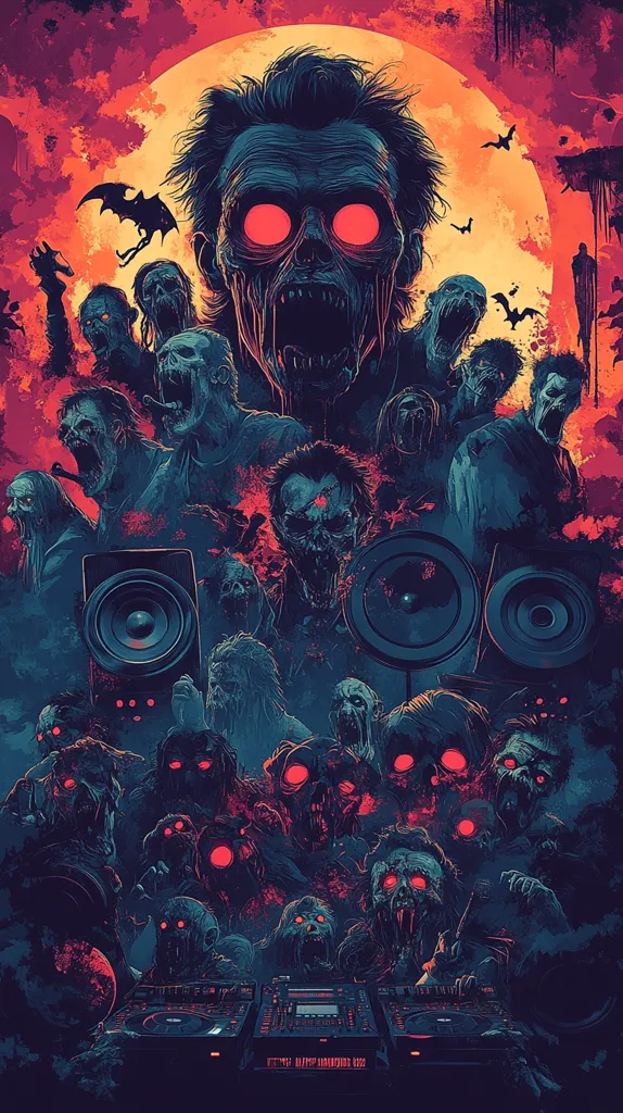 The image depicts a horde of zombies, some with glowing red eyes,  gathered around a DJ booth under a full moon. The image has a dark, almost horror-themed aesthetic with deep shadows and a vibrant red and blue color palette.  There is a sinister atmosphere, emphasized by the menacing expressions and the ominous presence of the zombies. The DJ booth has a mixer and two large speakers, hinting at the musical aspect of the scene. The image is full of detail, from the individual zombie faces to the intricate textures on their bodies and the background.  The overall impression is one of a darkly humorous and unsettling party with a macabre twist.