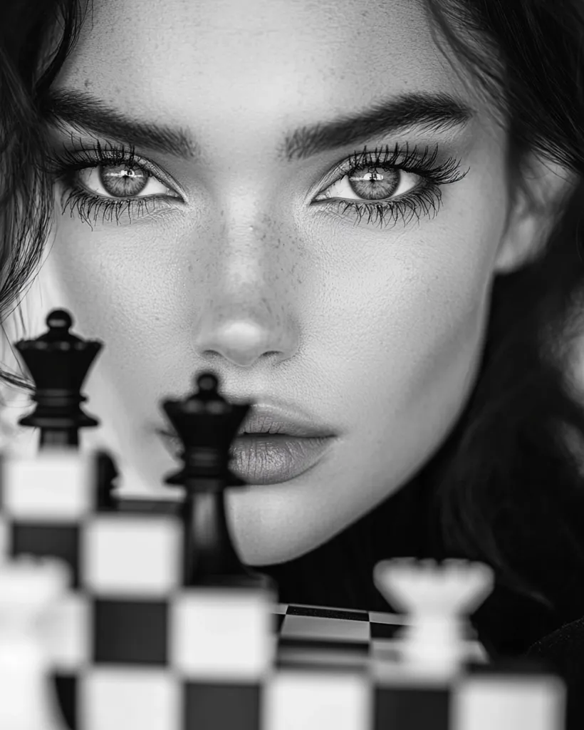 The image is a black and white portrait of a woman with her face close to the camera. Her eyes are wide open, with long eyelashes. The lower half of her face is obscured by chess pieces, with only her lips visible. The chessboard is blurry, adding to the sense of mystery and intrigue. The composition suggests a focus on the woman's gaze and the game of chess, hinting at strategy and contemplation.