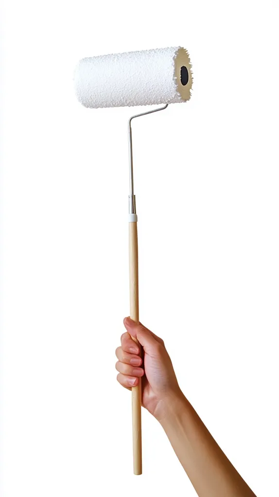 A hand holds a paint roller with a white, fluffy roller head attached to a wooden handle. The handle extends into the air with a silver metal connector, and the hand is holding the handle near the bottom. The image is taken against a white background.