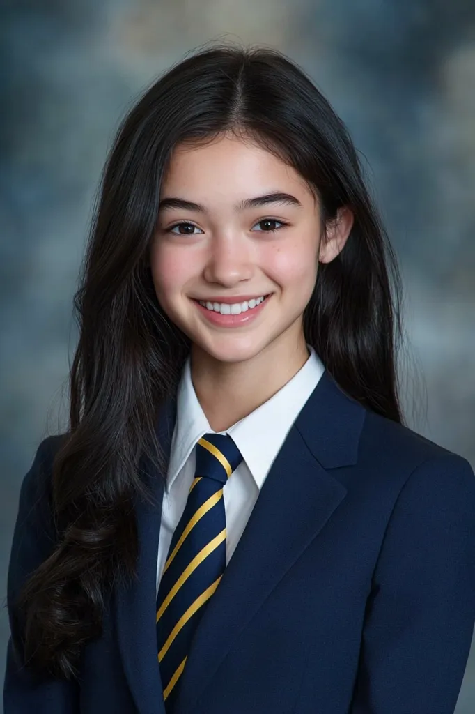 A young woman with long black hair smiles brightly at the camera. She is wearing a navy blue blazer, a white collared shirt, and a gold and navy striped tie. The background is a blurry blue.