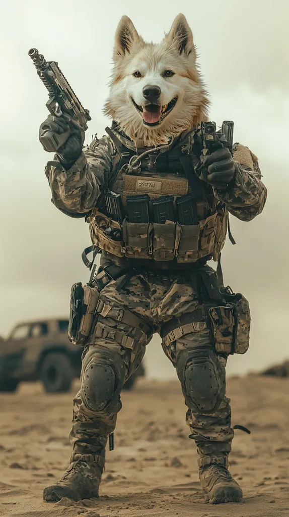 A wolf-headed soldier, dressed in full military gear, stands in a desert landscape. He holds a rifle in his left paw and has a determined expression on his face. His camouflage fatigues and tactical gear suggest he is prepared for battle. The image evokes a sense of both humor and power, blurring the lines between animal and human. The background features a blurry, desert-like environment, adding to the image's overall sense of action and adventure.