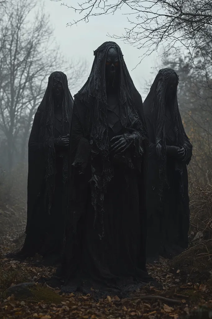 Three figures, completely shrouded in black, stand in a misty forest. Their faces are hidden, and their robes are ragged and tattered. The trees are bare, and the ground is covered in fallen leaves. The image is dark and ominous, creating a sense of mystery and foreboding. The figures appear to be malevolent and sinister, casting an eerie presence over the scene. The overall atmosphere is one of dread and unease.