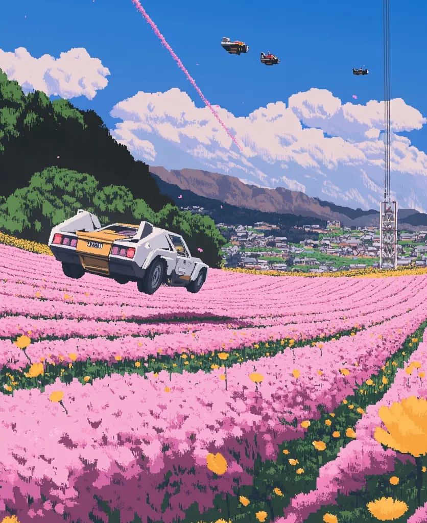 A white sports car with a yellow stripe drives through a field of pink flowers under a blue sky with fluffy white clouds. Several small planes fly through the sky, leaving pink trails in their wake. In the distance, a town nestled amongst hills is visible. The scene is rendered in a pixelated style.