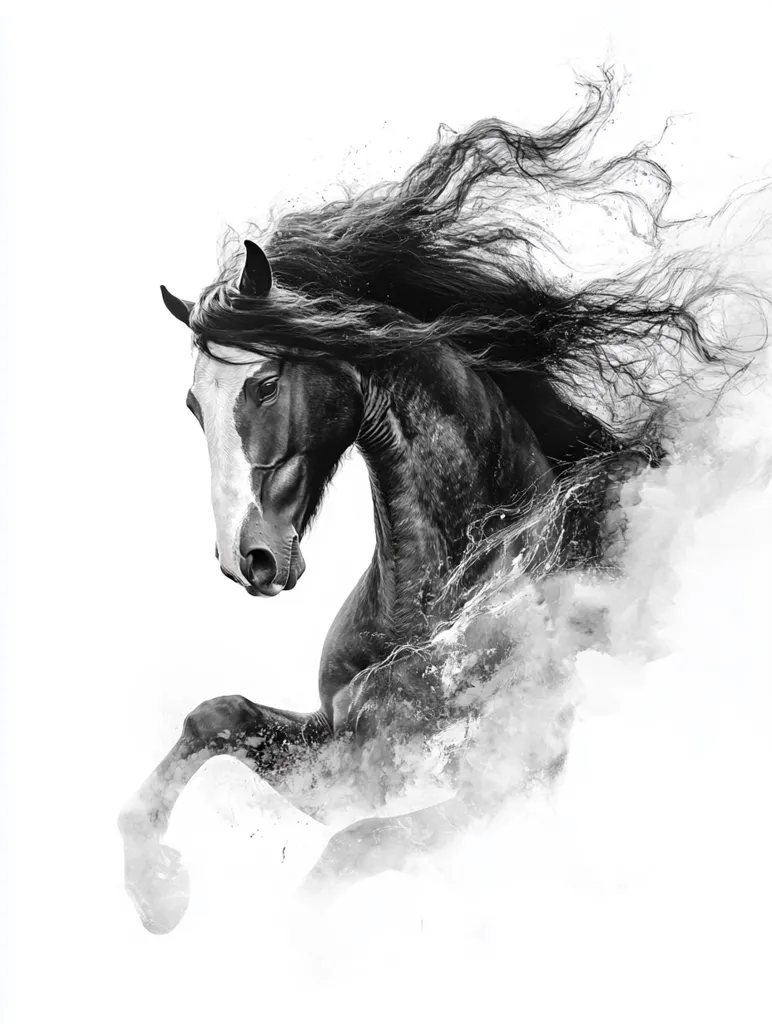 A black and white photo of a horse with a long mane and tail. The horse is captured in mid-leap, with its head turned slightly to the side. The horse's mane and tail are flowing in the wind, and its body is partially obscured by a cloud of dust. The photo has an artistic, almost abstract feel.