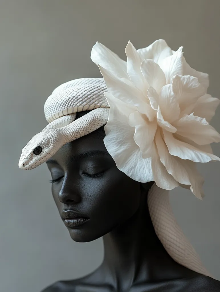 A woman with dark skin and closed eyes is adorned with a white flower and a white snake. The flower, resembling a large peony, drapes over her head, while the snake, with a delicate pattern, rests on her forehead. The image is a study of contrast, with the stark white of the flower and snake against the dark skin of the woman. The overall effect is one of elegance and mystery.