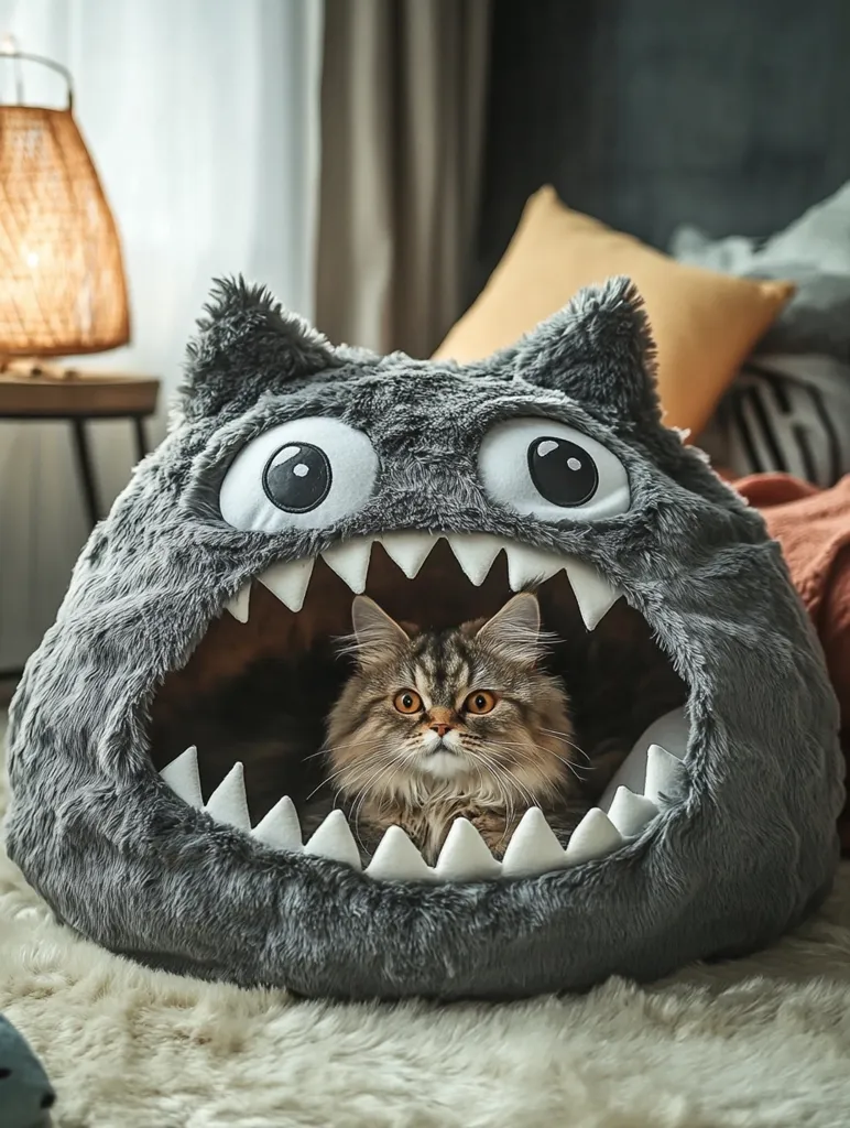 A fluffy gray cat bed shaped like a monster with large white teeth and eyes. A brown tabby cat with green eyes is curled up inside the bed looking out. The bed sits on a white fluffy rug in front of a window. The background is blurred and includes a wooden table with a lamp, pillows, and a blanket.