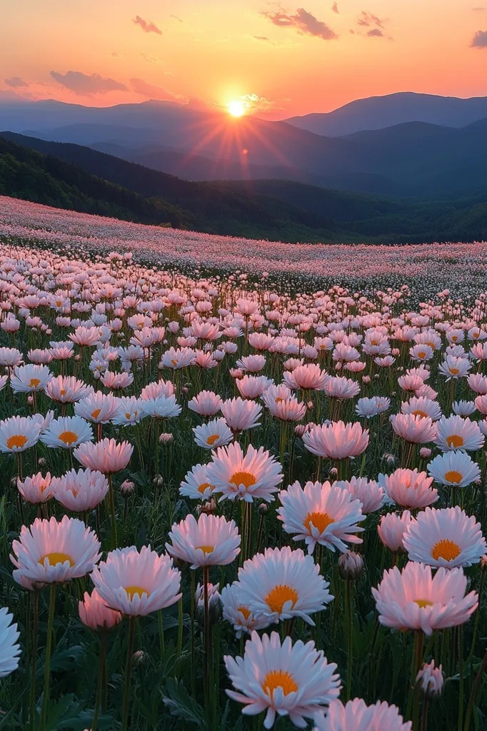 A vast field of delicate, white daisies stretches towards the horizon, bathed in the soft glow of a setting sun.  The mountains in the distance are silhouetted against the vibrant sky, creating a picturesque scene of nature's beauty.  The flowers, illuminated by the golden light, seem to shimmer and dance in the breeze, a captivating spectacle of color and tranquility.