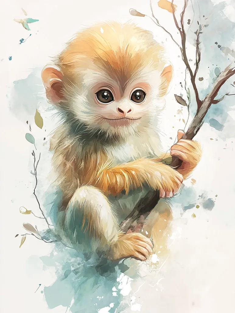 The image is a watercolor painting of a baby monkey with big, curious eyes. The monkey is perched on a branch, its fluffy fur and delicate features are emphasized by the soft, pastel colors of the painting. The background is a delicate watercolor wash of blue and green, evoking a sense of tranquility and the beauty of nature.  The painting captures the innocence and charm of the baby monkey.