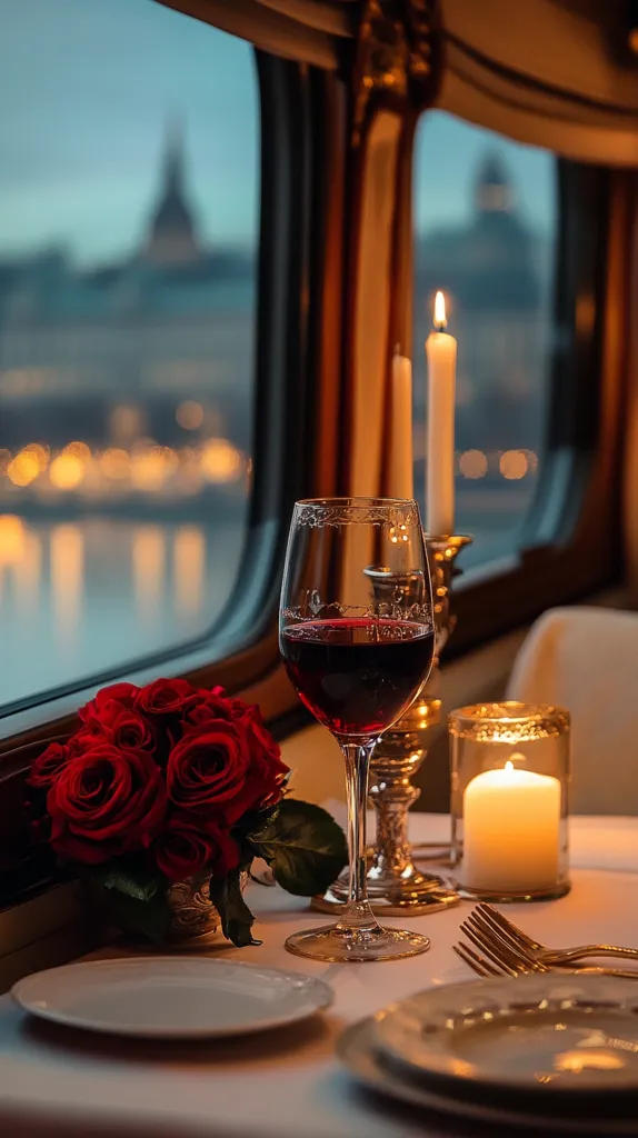 A romantic table setting with a glass of red wine, a lit candle and a bouquet of red roses. The table is set with white linens and gold silverware. The view from the window shows a city skyline at night.  The scene is intimate and elegant, suggesting a special occasion.