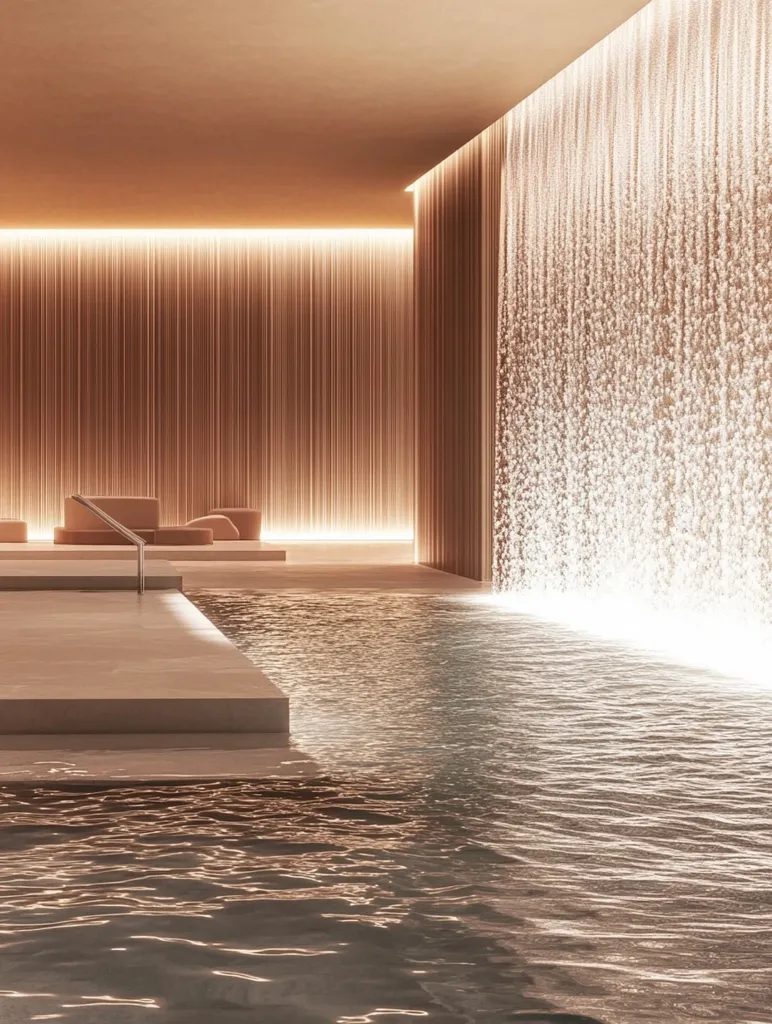 A luxurious indoor pool with a large waterfall wall.  The pool is surrounded by warm, minimalist design elements, creating a serene and relaxing atmosphere. The wall is made of vertical wood panels and the water cascades down in a shimmering curtain. The light reflects off the water, creating a calming and sophisticated ambiance.  The smooth, modern design of the space is inviting and tranquil.