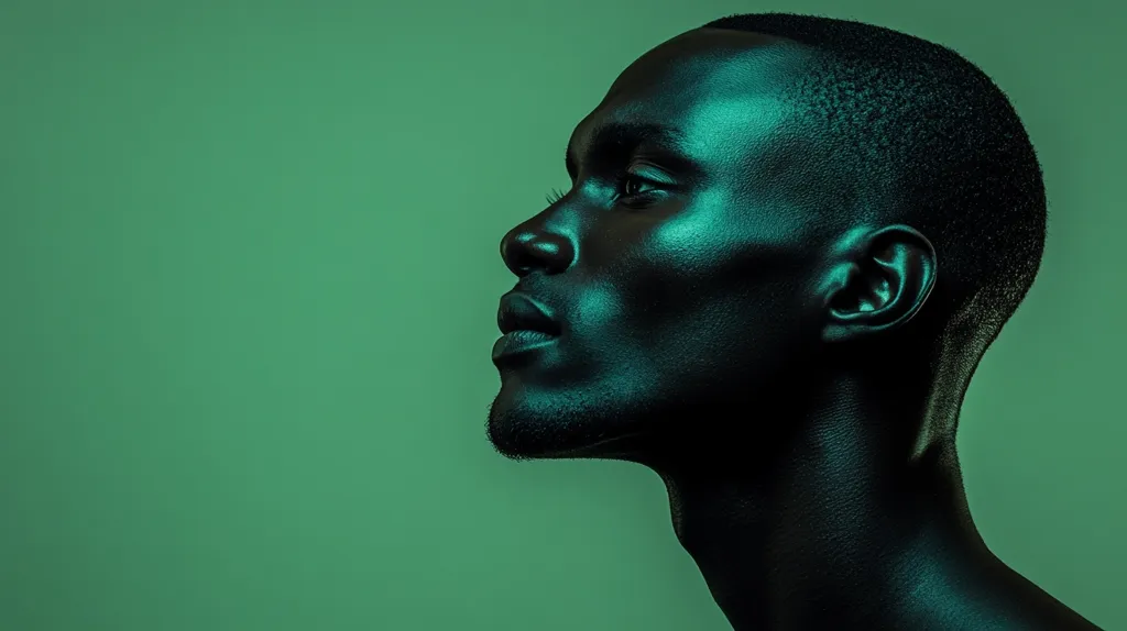 The image shows a close-up portrait of a Black man's face, illuminated by a green light that casts shadows and highlights. His face is turned to the side, looking upwards with a contemplative expression. The background is a solid green color, creating a stark contrast with the man's dark features. The image has a powerful and mysterious quality, evoking thoughts of introspection and resilience.