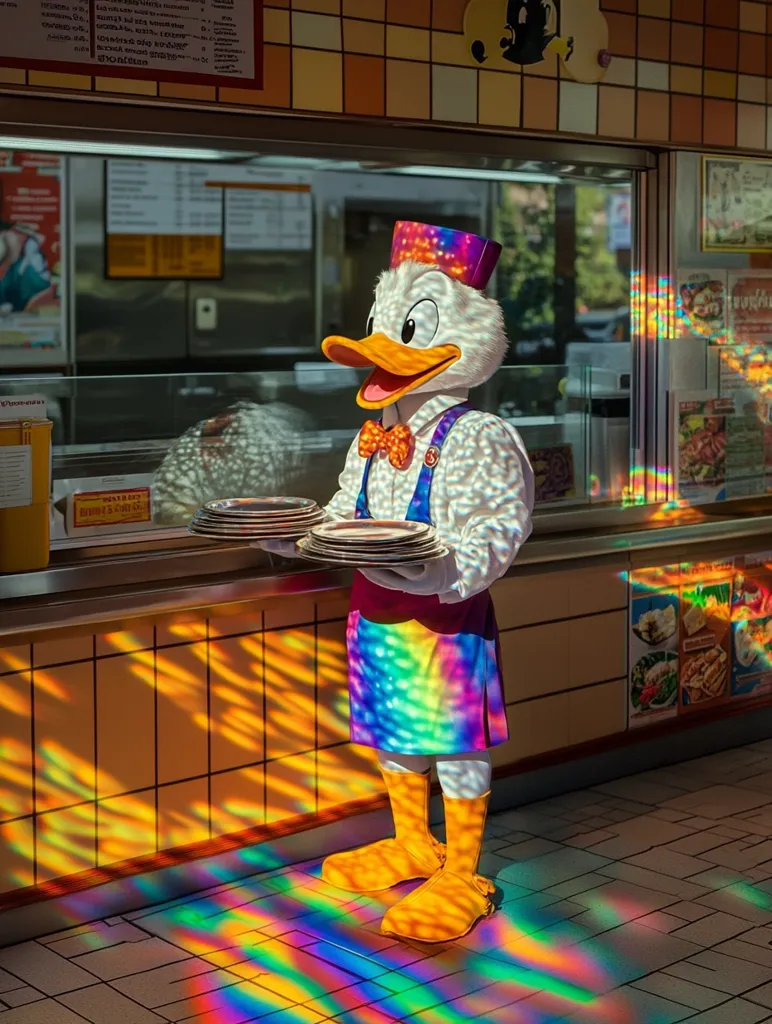 A costumed character, resembling a duck, stands behind a counter with a stack of plates in its hand. The character wears a white shirt, a purple and white hat, and a rainbow patterned skirt. The character appears to be working in a food service establishment, with a tiled wall behind them. Sunlight creates a bright, multicolored reflection on the floor. The counter behind the character is covered in tiled panels and a large window.
