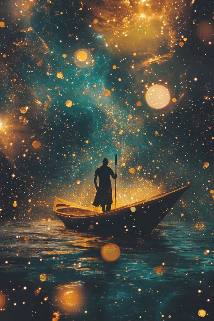A lone figure stands in a small wooden boat, navigating a sea of twinkling lights. The sky above is a mesmerizing tapestry of gold and blue, studded with countless stars. The image evokes a sense of wonder and exploration, as the figure journeys through a fantastical realm. The boat seems to be gliding effortlessly on the surface of the water, guided by the celestial glow above.