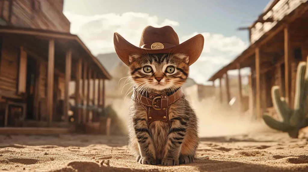 A tabby cat is sitting in a dusty, western town. The cat is wearing a cowboy hat and a leather harness, looking directly at the camera with big, green eyes. The background features wooden buildings with a rustic, Wild West aesthetic. The scene is bathed in warm sunlight, creating a sense of adventure and whimsy.