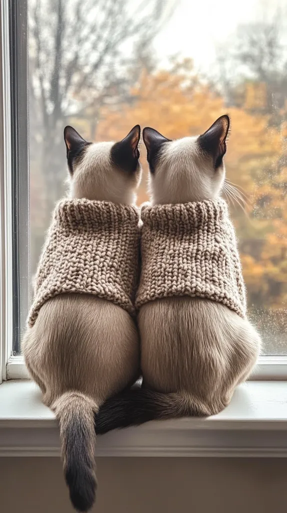 Two Siamese cats, wearing matching knitted sweaters, sit side by side on a windowsill. They are looking out the window at a blurry autumn scene. The cats have their tails curled behind them, and their fur is soft and fluffy. The sweaters are a light brown color, and the cats are a light cream color. The windowsill is white, and the background is a blurry autumn scene with warm colors.  The cats are cute and cozy.