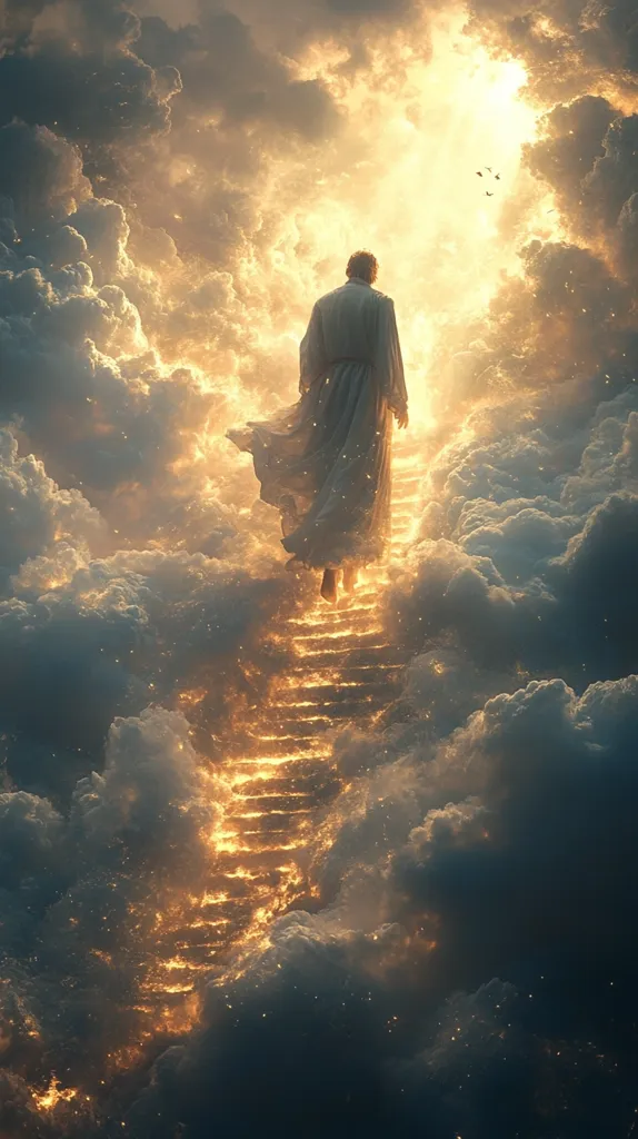 A lone figure in white robes walks up a glowing staircase that leads through a swirling mass of clouds. The clouds are lit from above, casting a golden light on the scene. There are a few birds flying in the distance, adding to the sense of ascension and transcendence. The image evokes a sense of hope and spiritual journey.