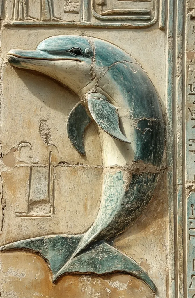 A bas-relief carving of a dolphin on a weathered wall, with the dolphin's body sculpted in a light blue-green hue, set against a cream-colored background. The dolphin's tail curves gracefully and is detailed with a fin. Hieroglyphs are etched into the wall to the right of the dolphin. The surface of the wall is textured and worn, adding to the ancient feel of the artwork.