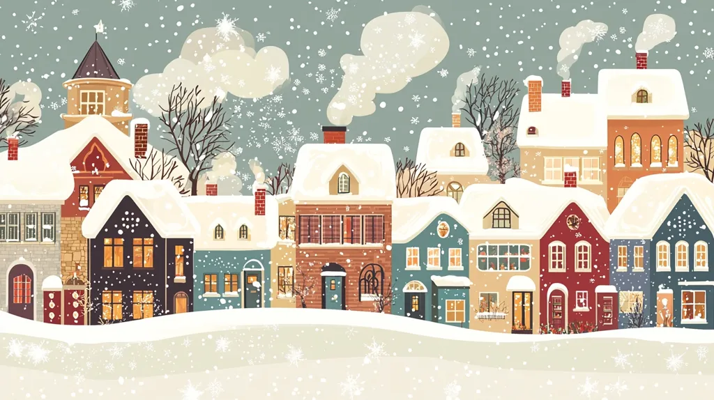 A row of charming houses with snow-covered roofs and glowing windows line a street. The scene is set against a backdrop of a soft blue sky with falling snow.  The houses are decorated with colorful details and are illuminated by the warm glow of lights inside. The image evokes a sense of cozy winter charm.