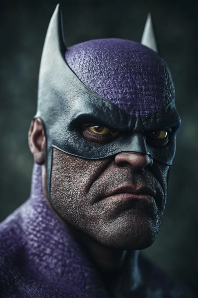 A close-up of a man's face, wearing a dark blue and purple cowl, with a serious expression. His yellow eyes stare intensely, and his face is wrinkled and weathered. The dark background emphasizes the details of his features and the intensity of his gaze.  The image evokes a sense of strength, mystery, and perhaps even danger.