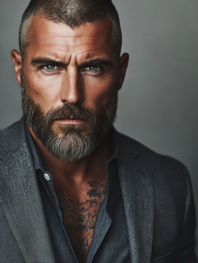 A man with short, dark hair and a full, grey beard stares intensely at the camera. He has a serious expression, with furrowed brows and a tight-lipped mouth. He is wearing a dark grey suit jacket, unbuttoned to reveal a black shirt underneath. A tattoo is visible on his chest. The background is a simple grey wall. The image is well-lit, with a focus on the man's face and expression.